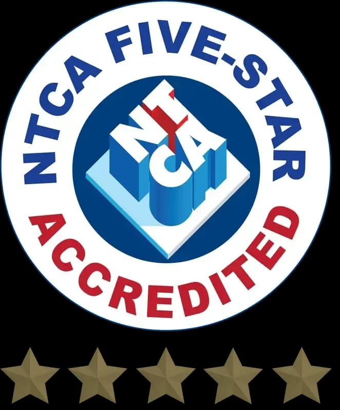 NTCA Five-Star Accredited badge with five gold stars below, indicating highest quality certification rating