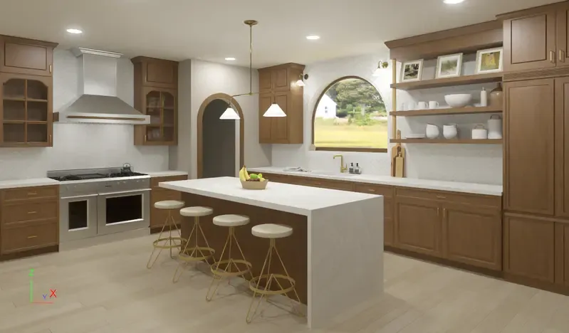 Modern kitchen with wood cabinetry, white countertops, large island with seating, stainless steel appliances, and arched window overlooking landscape
